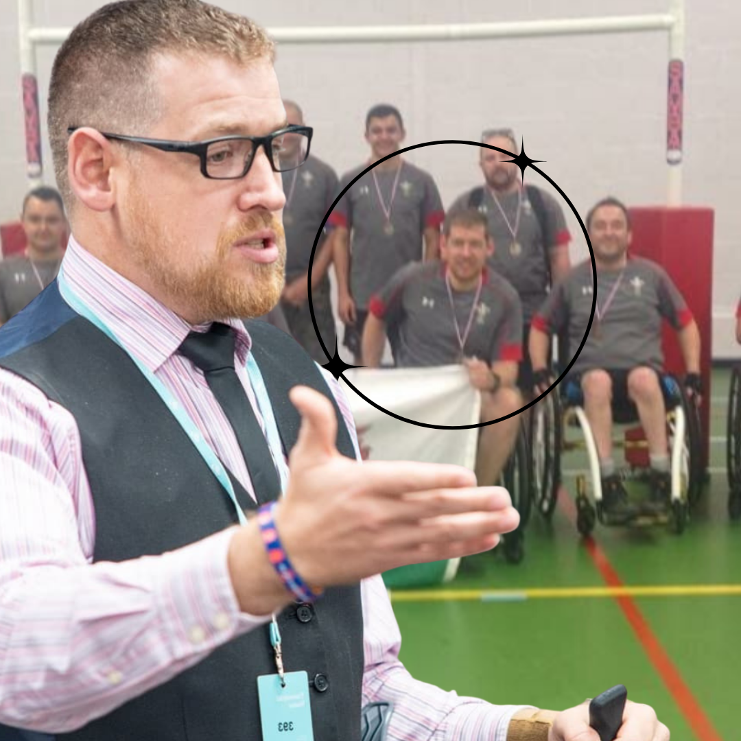 Jamie McAnsh, a motivational speaker, is presenting on stage with a background photo of him in a wheelchair sports team, highlighting his journey from adaptive sport to professional speaking.