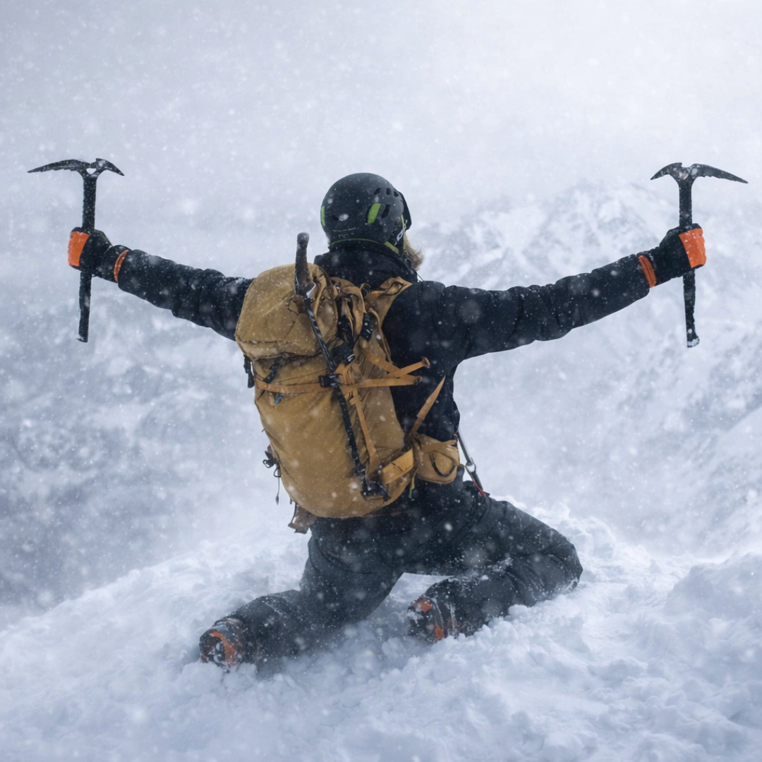 A climber kneeling in deep snow with ice axes raised, pausing mid-ascent in harsh mountain conditions, representing resilience and momentum during adversity.